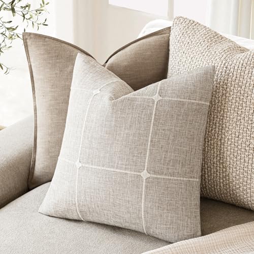 Foindtower Pack of 2 Decorative Faux Linen Jacquard Check Throw Pillow Covers Farmhouse Cushion Cover with Grid Textured A...