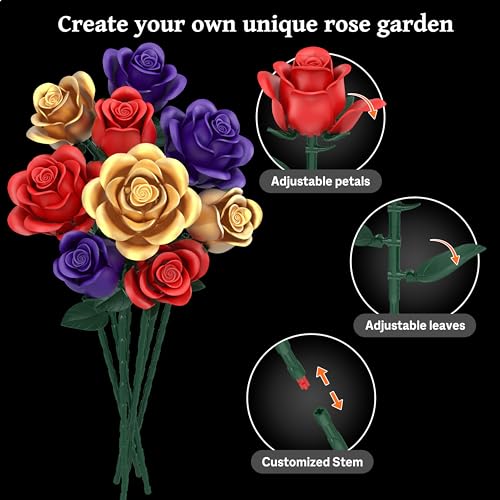 Rose Bouquet Flowers Building Set, 501Pcs Red Purple Golden Roses Artificial Flowers Botanical Collection Compatible with ...