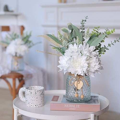 Faux Flowers with Vase,Artificial Silk Flowers in Vase, Fake Plant Eucalyptus and Willow,Flower Arrangement for Home Farmh...