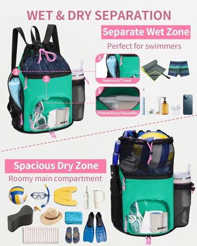 WANDF Swim Bag with Wet Pockets, Sandproof Beach Backpack with 40oz Tumbler Side Pockets, Mesh Drawstring Backpack Swim Ba...