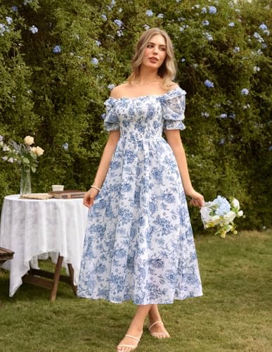 Scarlet Darkness Floral Dress for Women Summer Puff Sleeve Square Neck A Line Flowy Wedding Guest Tea Party Dresses