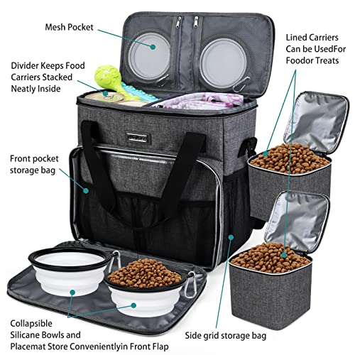 BAGLHER Dog Travel Bag, Pet Travel Bag (ALL Pet Travel Supplies), With 2 Pet Food Containers and 2 Collapsible Silicone Bo...