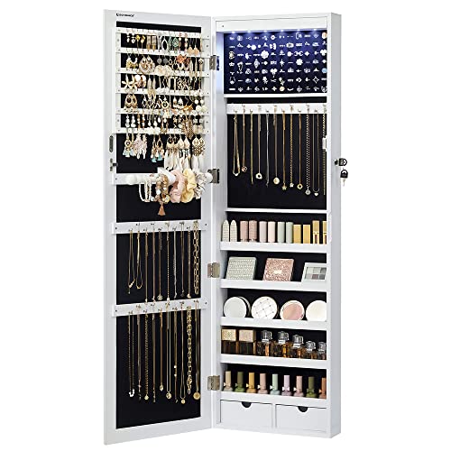 SONGMICS 6 LEDs Mirror Jewelry Cabinet, 47.2-Inch Tall Lockable Wall or Door Mounted Jewelry Armoire Organizer with Mirro...