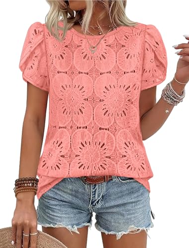 OFEEFAN Blouses for Women Dressy Casual Petal Short Sleeve Shirts Crochet Lace Boho Tops Spring Fashion Summer Outfits