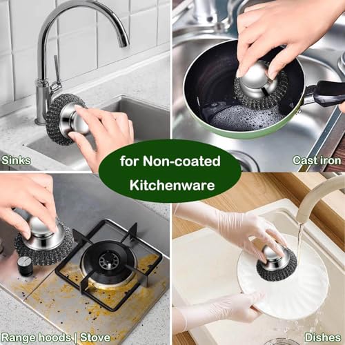 Steel Wool Scrubber with 2 Handles & 3 Replacement Wire Sponge(Scouring Pads) - Stainless Metal Cleaner Heavy Duty Brush f...