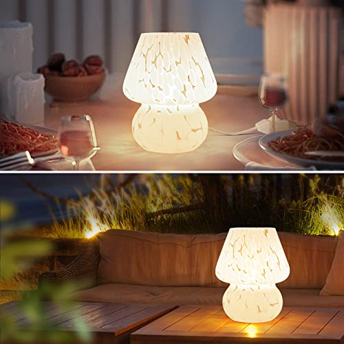 ONEWISH Mushroom Lamp Small Bedside Table Lamp-Nightstand Nightlight Dimmable Stepless, Translucent Glass White Desk Lamp ...