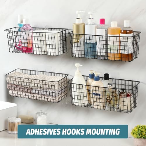 4 Set [EXTRA LARGE] Hanging Wall Mount Storage Baskets with Adhesive Hooks & Steel Hooks, Multiuse Sturdy Wire Metal Organ...