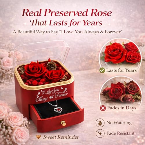 minstely Preserved Rose Gift Box with Necklace for Women, Forever Real Rose Jewelry Box for Mom Wife Girlfriend, Red Flowe...