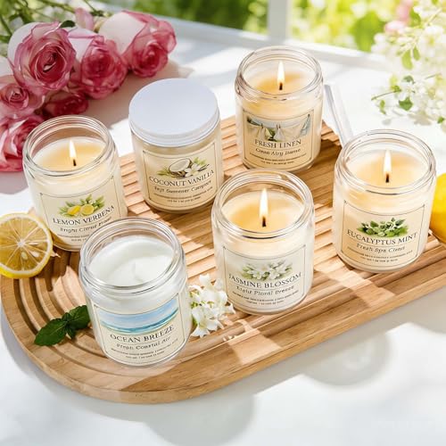 Scented Candle Gift Set, 6 Pack 7oz Natural Soy Wax Aromatherapy Candles, Coconut Vanilla Lemon Verbena Fresh Linen Scent...