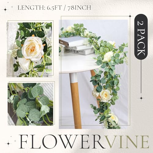 Der Rose 2 Pcs 13FT Artificial Floral Garland, Flower Eucalyptus Spring Garland with Champagne Rose, Faux Flower Vine for ...