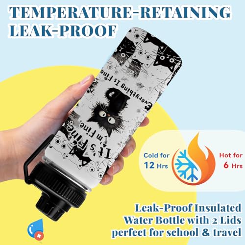 Cat Gifts for Women, 18oz Fine Cat Water Bottle with Straw Lid & Spout Lid - I'm Fine Black Cats Insulated Water Bottles, ...