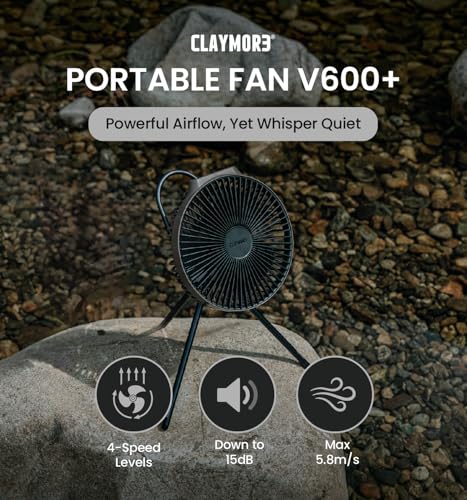 Claymore V600+ Warm Gray Rechargeable Portable Fan – 7,800mAh Battery, 4-Speed BLDC Ultra-Quiet Air Circulator USB-C Charg...