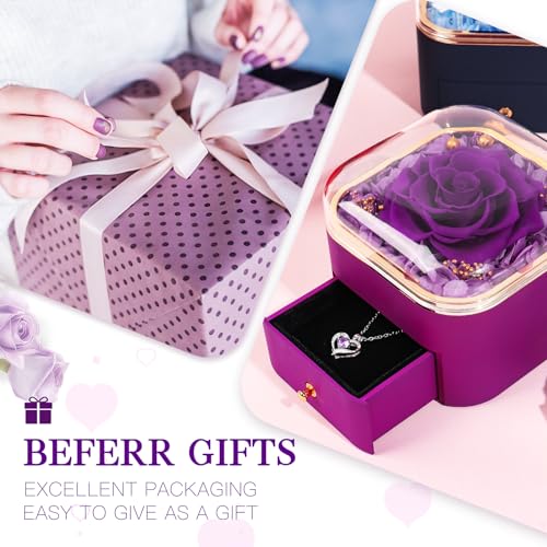 Beferr Birthday Gifts for Women Preserved Real Rose with Necklace Eternal Purple Roses Forever Flowers for Delivery Annive...