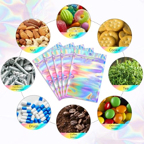 Funfery 100 pcs Mylar Holographic Bags Packaging Bags,Clear Resealable Bag Foil Pouch Bag for Party Favor,Goodies,Treat,Ca...
