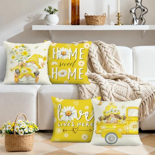 Bonhause Gnomes Daisy Floral Throw Pillow Covers 18x18 Inch Set of 4 Spring Summer Flowers Truck Love Lives Here Yellow Ou...