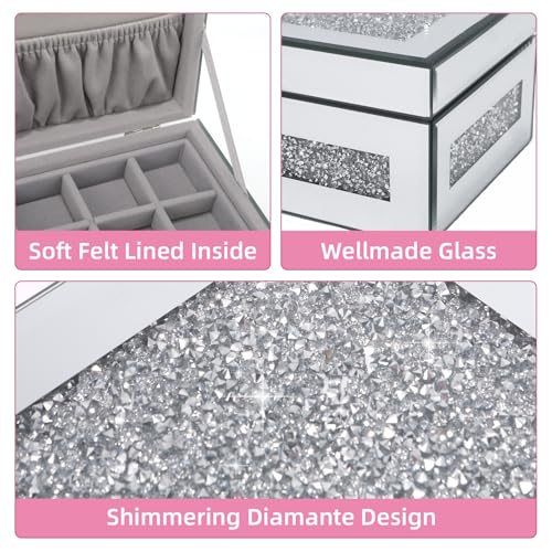 Poeuai Glam Rhinestone Crystal Silver Glass Jewelry Box, Sparkly Blinged Out Mirror Jewelry Box for Women, Elegant Jewel B...