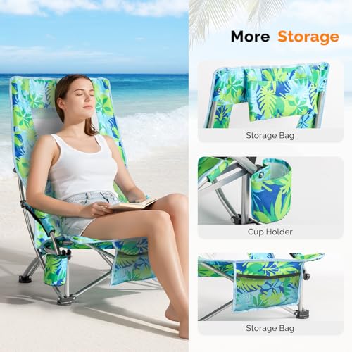 VINGLI Low Beach Chairs, High Back Chairs with Carry Bag，Foldable Portable Backpack Beach Chair for Camping Picnic LAN-2 Pack