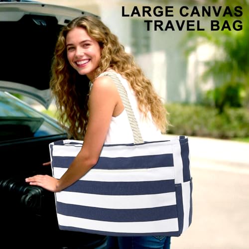 Fammart Beach Bags for Women, Large Canvas Tote Bag with Wet Pocket & Zipper, Waterproof Sandproof Pool Travel Bag