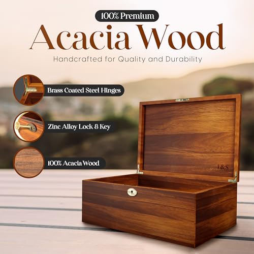 LUSH & STYLE Large Memory Box For Keepsakes Acacia Wood, Decorative Boxes With Hinged lid and locking key, Memory treasure...