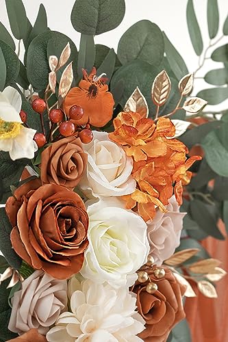 Olalaka Burnt Orange Artificial Wedding Arch Flowers Kit (Pack of 3) with 26Ft Terracotta Shiny Arch Draping Fabric for DI...