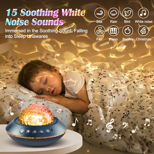 One Fire Ocean Light Projector,15 White Noises & Bluetooth Ambient Lighting, 360° Full Coverage Ceiling Projector Ocean La...