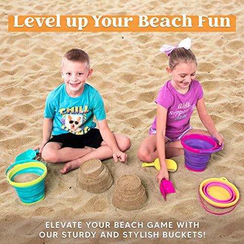 JOYIN Foldable Beach Bucket Set - 3 Packs Collapsible Toy Buckets with Shovels and Mesh Backpack for Kids Toddlers Party, ...