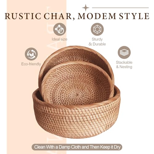 9.2" Medium Round Rattan Wicker Bread Basket, Natural Fruit Basket for Kitchen Counter, Hand Woven Food Baskets, Artisanal...