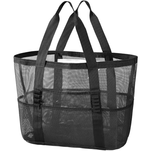 KPX Mesh Beach Bag, Large Beach Tote Bags for Women Foldable Mesh Swimming Pool Bag with Mini Pockets - Sandproof, Waterproof