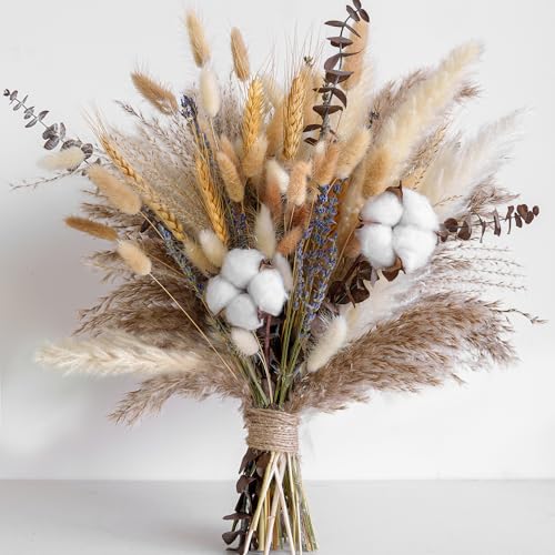 Natural Dried Flower Bouquet - Pampas Grass, Cotton Stems, Bunny Tails, Eucalyptus, Lavender & Wheat - Rustic Boho Decor f...