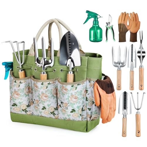 Grenebo Gardening Tools 9-Piece Heavy Duty Garden Hand Tools with Fashion and Durable Garden Tools Organizer Handbag, Rus...