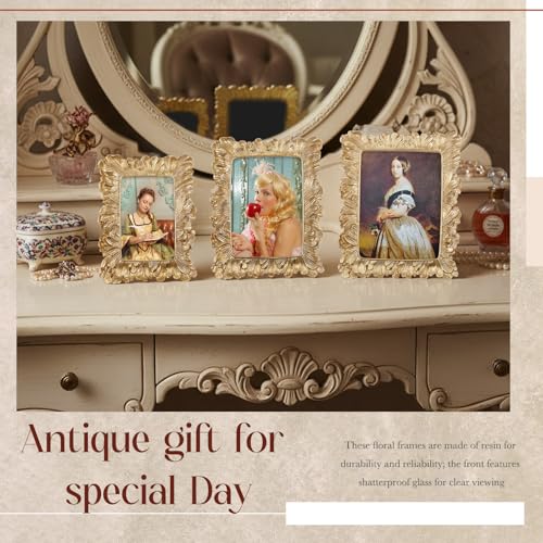 Wonderjune 3 Pcs Vintage Picture Frames Antique Set Baroque Ornate Gold Arched Photo Frames with Glass, Tabletop or Wall f...