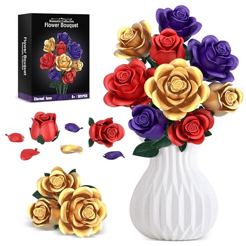 Rose Bouquet Flowers Building Set, 501Pcs Red Purple Golden Roses Artificial Flowers Botanical Collection Compatible with ...