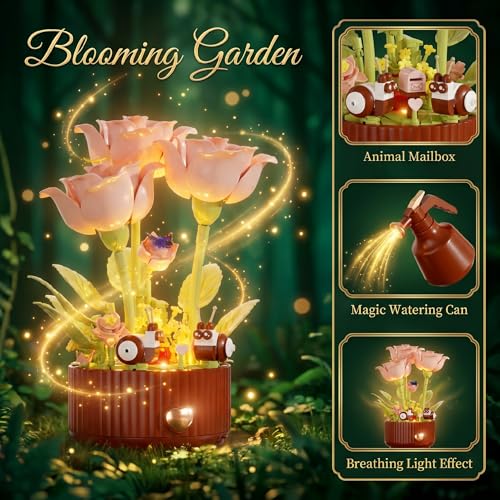 Magical Blooming Rose Building Set - Electric Flower Blocks with Opening Petals,with Interactive Sound & LED Lights,Romant...