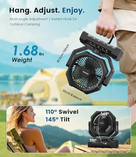 Camping Fan Rechargeable, 60H Long-Lasting Battery Powered Fan - 4 Speeds, 3 Light, Timer, Sleep Mode, Hook, Portable Fans...