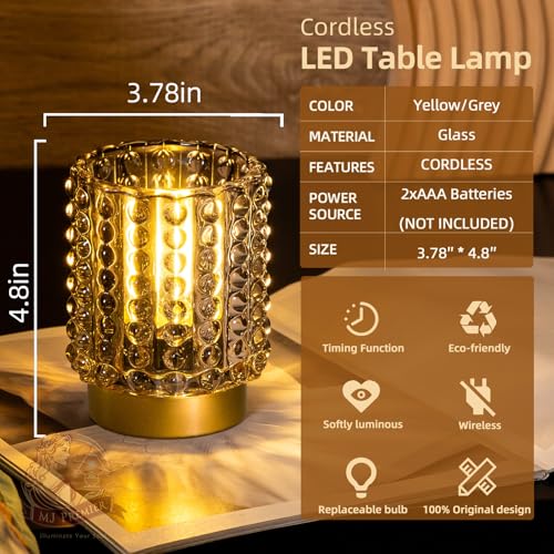 Battery Operated Lamp with Timer, Mini Crystal Table Lamps for Home Decor, Small Cordless Lamp for Areas No Outlets, Glass...