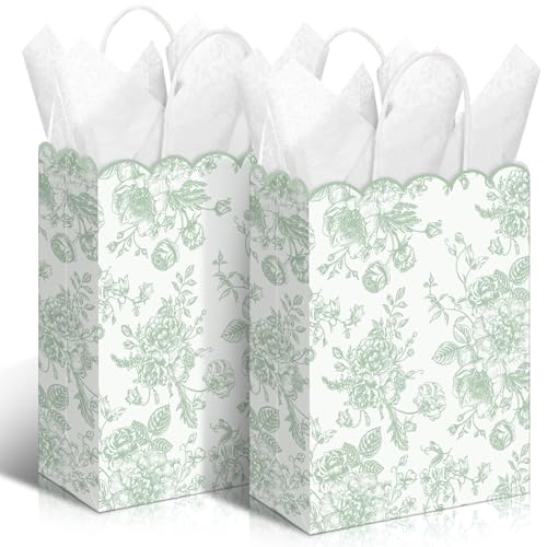 Kolldenn 24 Pcs Sage Green Floral Gift Bags with Handles Wildflower Party Favor Candy Treat Goodie Bags Scalloped for Birt...
