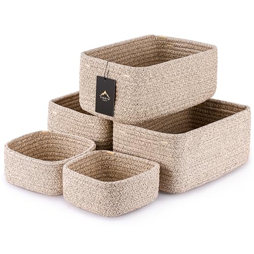 VIRETH HAUS 5-Pack Small Woven Rope Storage Baskets – 2 Sizes Organizer Bins for Closet, Shelf, Bookshelf, Nursery, Changi...