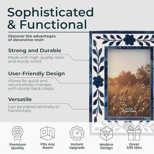 Floral Inlay Picture Frame with 4x6 Photo Display – Unique Picture Frames for Tabletop or Wall Mounting – Elegant Resin & ...