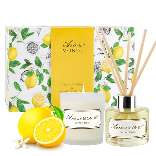 Reed Diffuser & Scented Candle Gift Set, Lemon Basil Oil Diffuser Sticks, Fragrance Diffuser & Soy Wax Candles in Glass Ja...