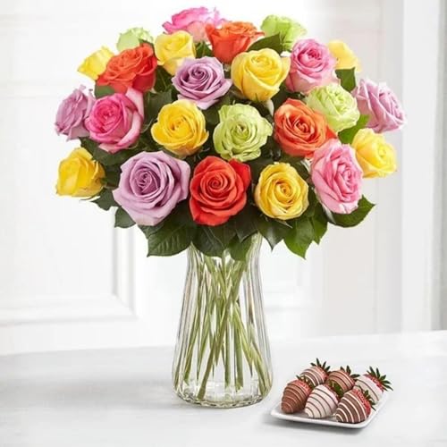 Shari’s Berries 24 Assorted Roses with Vase & 6 Gourmet Chocolate Covered Strawberries Gift Set| Flower & Chocolate Gift D...