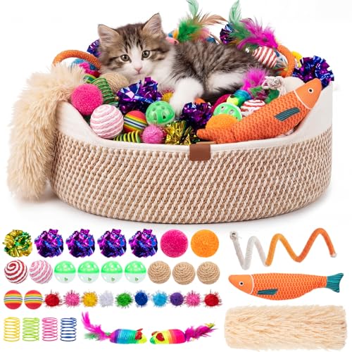 Leitee Valentine's Day Cat Bed Storage Basket with 40 Pcs Cat Variety Toys Pack Set Includes Pillows, Spring Toy, Chew Rop...