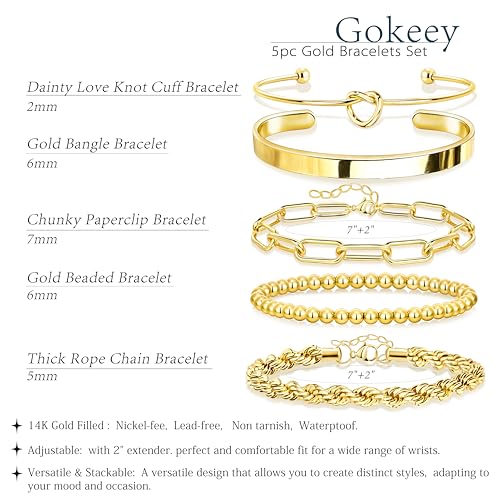 Gokeey Gold Bracelets Set for Women Non Tarnish, Waterproof 14K Gold Plated Sterling Silver Chunky Cuff Bracelet Stackable...