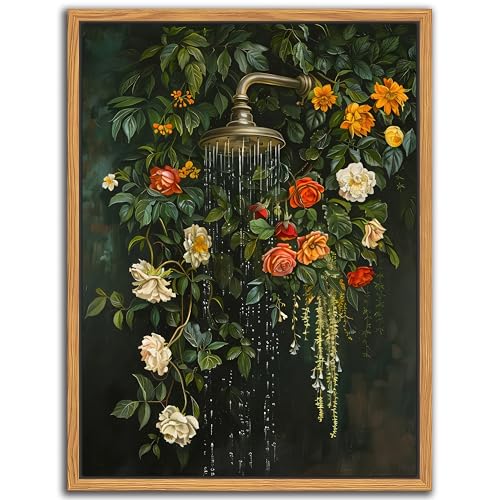 Floating Framed Floral Shower Wall Art, Vintage Botanical Flower Canvas Print, Romantic Garden Roses and Waterfall Paintin...