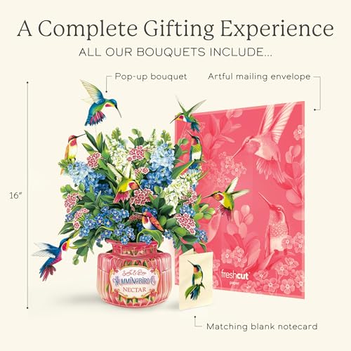 Freshcut Paper Pop Up Cards, Hummingbird Oasis, 12 Inch Life Sized Forever Flower Bouquet 3D Popup Greeting Card, Birthday...