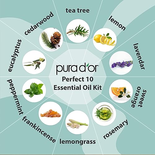 PURA D'OR Organic Perfect10 Essential Oils Set - 10x 10mL Wood Box Aromatherapy Gift Set - 100% Pure Therapeutic Grade for...