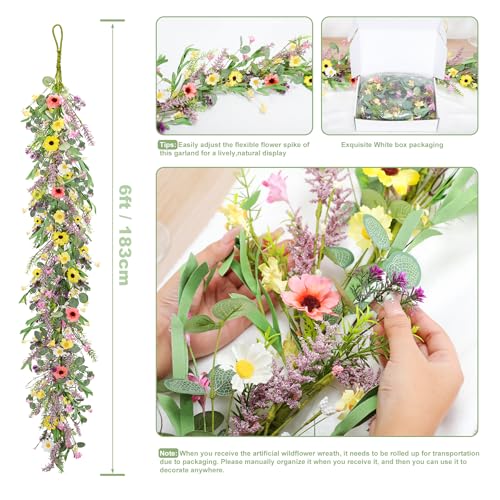 6 ft Spring Artificial Wildflower Garland Wisteria Lavender Garland Daisy and Lavender Faux Floral Vine Summer Floral Fake...