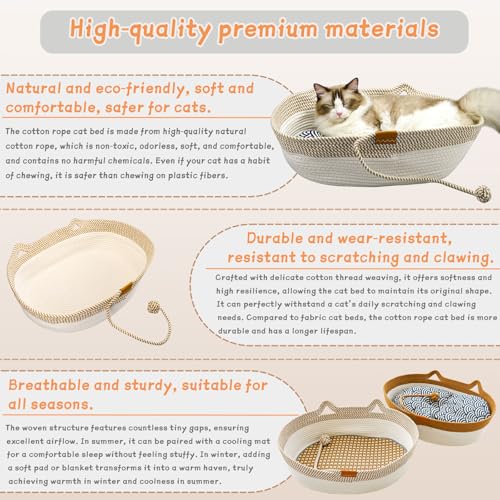 Pet Beds for Cats, Cat Beds for Indoor Cats 19.69"×13.78"×6.30",Cotton Rope Oval Cat Bed for All Seasons (with Cooler Stra...
