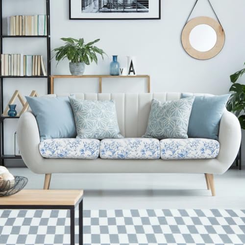 Preboun 3 Pcs Blue Floral Printed Couch Cushion Covers Stretch Chinoiserie Washable Non-Slip Sofa Slipcover Blue Toile Rep...