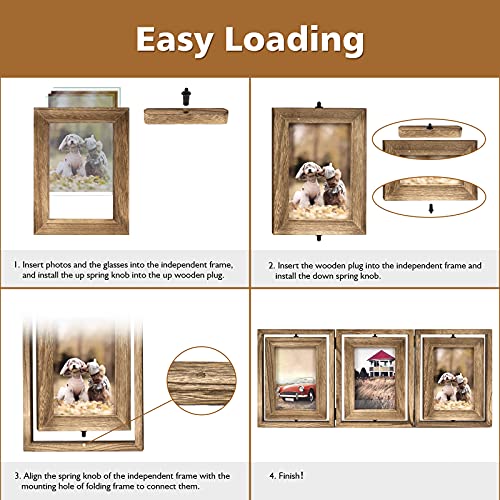 Emfogo 4x6 Picture Frame Rustic Wood Hinged Folding Triple Picture Frames Collage, Double-Sided Display Rotatable High Def...