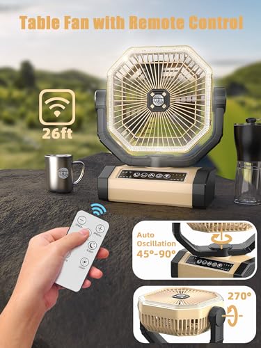 Orteen Camping Fan Rechargeable - 9-Inch Battery Powered Fan, 24000mAh(60Hrs) Battery Operated for Camping, Auto Oscillati...